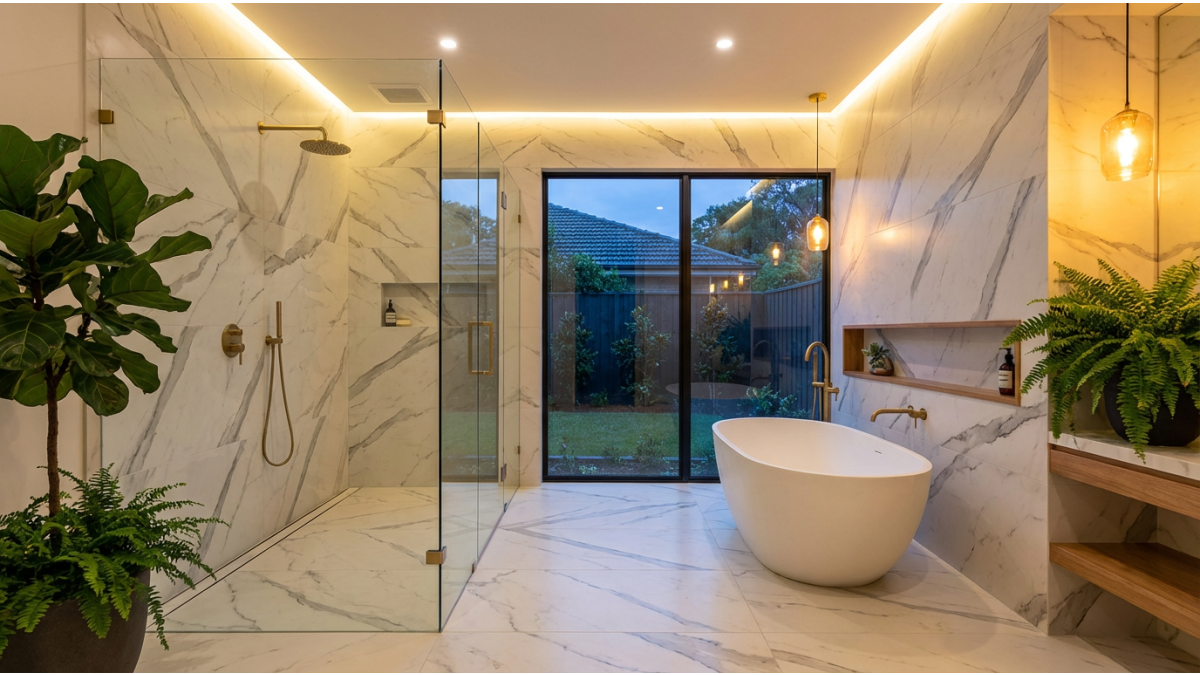 Baie moderna cu gresie efect marmura Calacatta - amenajare iTiles