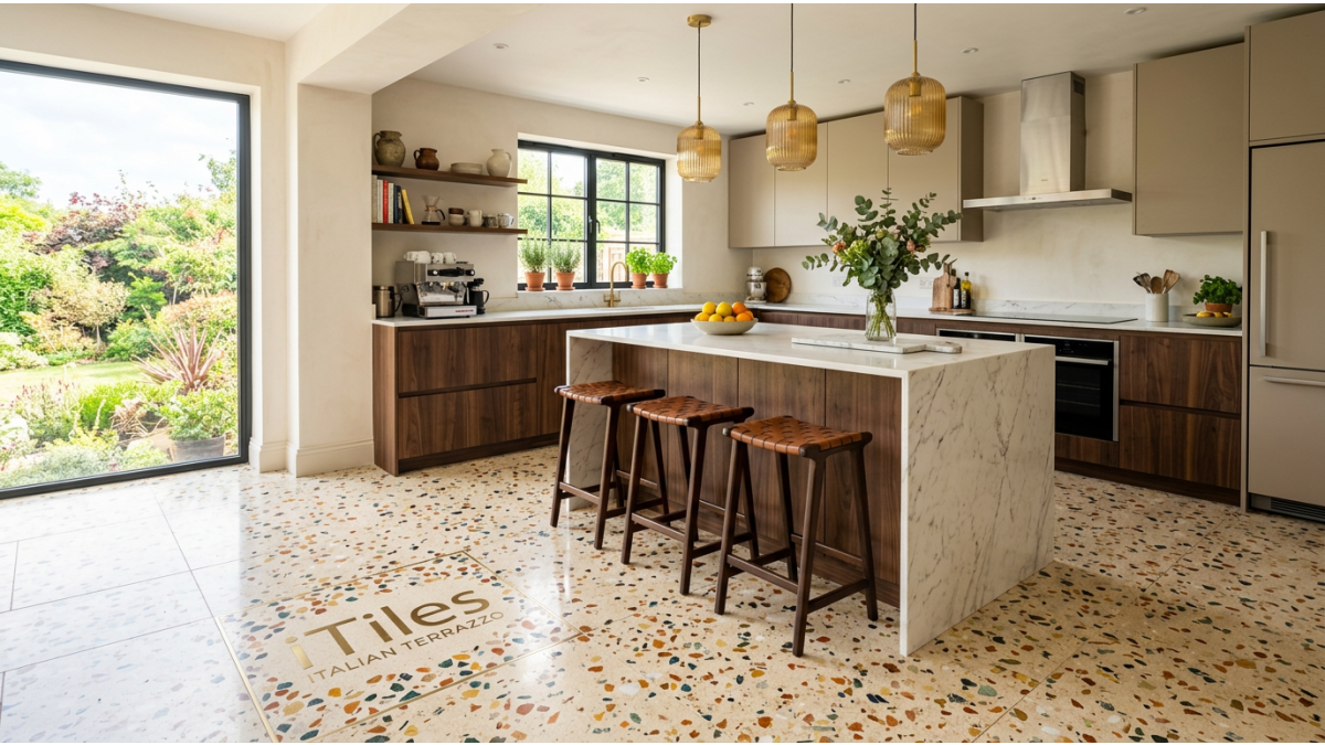 Gresie terrazzo italiana format mare vs gresie terrazzo din magazine DIY - comparatie vizuala