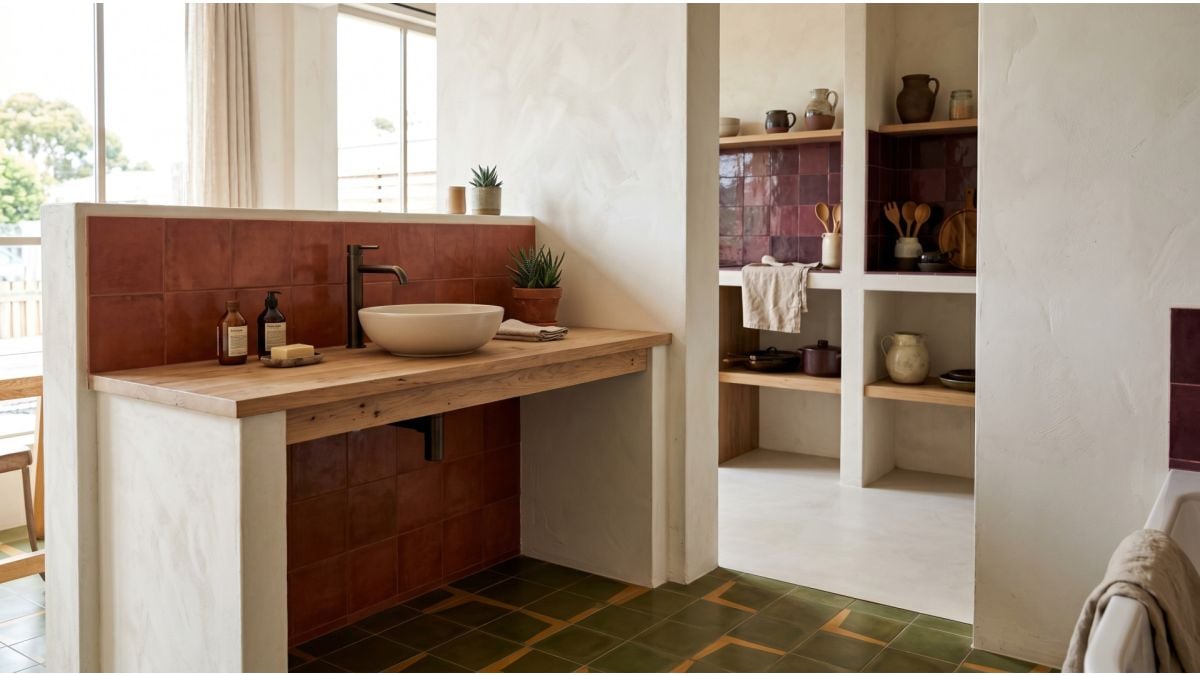 Terracotta, bordo si verde masline: culorile calde care inlocuiesc albul in baie