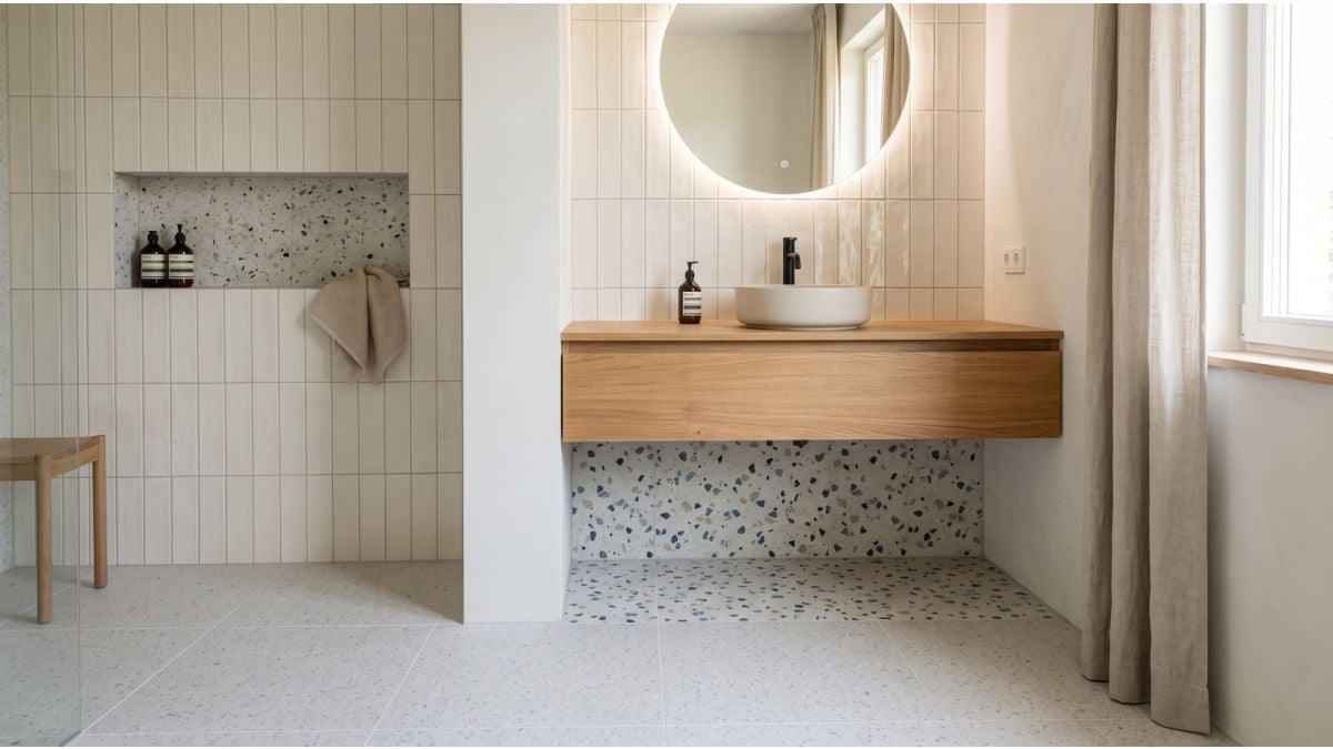 Cum combini gresie terrazzo in baie si bucatarie fara exces