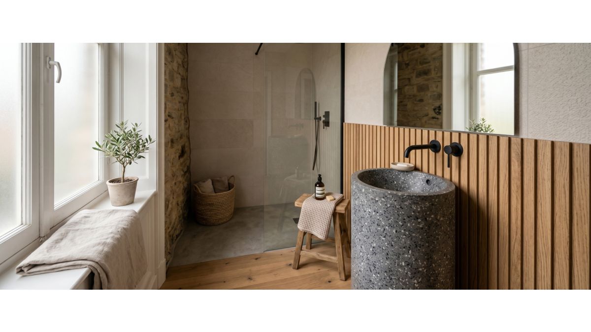 Lavoar freestanding din gresie portelanata: de ce transforma o baie mica