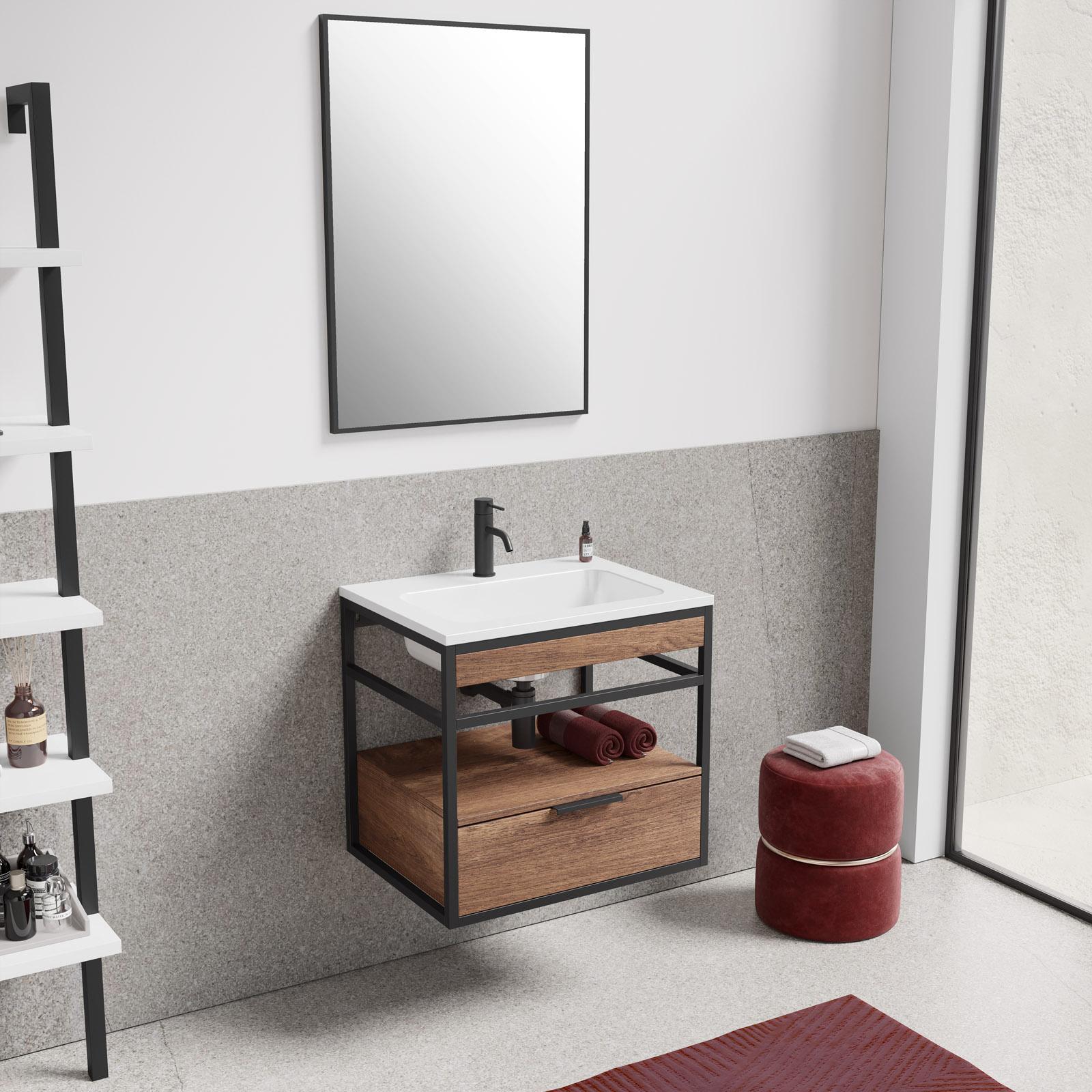 Set Complet Mobilier Baie Suspendat Sierra Finisaj Nuc/Negru 60 cm