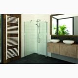 Cabina Dus Colt Batanta Wst 03 Profil Crom Sticla Transparenta 90x90x200 cm – ambient baie, cabina de dus cu sticla transparenta si pardoseala neagra, pe pardoseala si perete