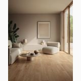 Gresie Imitatie Lemn Piemme SoloNoce Europeo Mat 20x120 cm – ambient living, living minimalist cu canapea bej si pardoseala lemn deschis