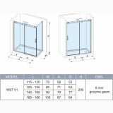 Usa Dus Culisanta Wst 01 Profil Crom Sticla Transparenta 165-180x200 cm – schita tehnica, desen tehnic cu dimensiuni si tabel modele usa dus