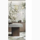 Gresie Piemme Stone Revolution Calacatta Iron 60x120 cm Satin – ambient living, living cu perete marmurat si masa asortata pe pardoseala
