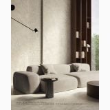 Gresie Piemme Stone Revolution Travertino Ivory 60x120 cm Satin – ambient living, living modern cu canapea gri, perete travertin si biblioteca lemn
