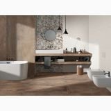 Faianta Abk Snow 60x120 cm – ambient baie, baie moderna cu cada freestanding si perete floral