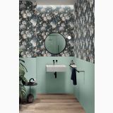 Faianta Decor ABK Romantic 60x120 cm – ambient baie, baie cu tapet floral, perete verde menta si oglinda rotunda