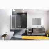 Set Bide + Vas WC la Perete Volga Cu Capac Soft-Close – ambient baie, baie moderna cu cada, mobilier suspendat si covor galben, pe pardoseala
