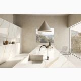 Gresie Portelanata Italgraniti Calacatta Extra Lucios 60x120 cm – ambient bucatarie, bucatarie moderna cu insula si pereti marmurati lucios, pe pardoseala si perete