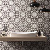Gresie Decorata Paris Saint Germain Marrone 20x20 cm – ambient baie, baie cu chiuveta alba, lavoar lemn, lustre negre, pe pardoseala si perete
