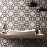 Gresie Decorata Paris Saint Germain Marrone 20x20 cm – ambient baie, baie cu lavoar alb, lambriuri decorate si lustre negre, pe pardoseala si perete