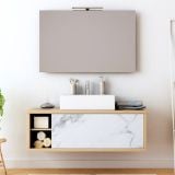 Set Mobiler Suspendat Baie Finisaj Rovere si Statuario 120 cm – ambient baie, mobilier suspendat lemn si marmura cu lavoar si oglinda, pe perete