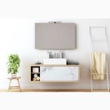 Set Mobiler Suspendat Baie Finisaj Rovere si Statuario 120 cm – ambient baie, mobilier suspendat cu blat marmura, oglinda, plante decorative, pe perete