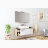 Set Mobiler Suspendat Baie Finisaj Rovere si Statuario 120 cm – ambient dormitor, mobilier baie suspendat cu oglinda in dormitor luminos, pe perete