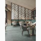 Lastra Gresie ABK Sensi Fantasy Volumes 120x280 cm Lucios 3D – ambient comercial, restaurant elegant cu pardoseala gresie verde marmorata