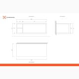 Set Mobiler Suspendat Baie Finisaj Rovere si Statuario 120 cm – schita tehnica, desen tehnic cu vedere fronatala, laterala si de sus, cotat