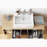 Set Mobiler Suspendat Baie Finisaj Rovere si Statuario 120 cm – ambient baie, vedere de sus mobilier baie lemn cu sertare organizate, pe pardoseala si perete