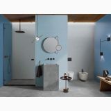 Faianta Abk Cloud 60x120 cm – ambient baie, baie moderna cu perete albastru, oglinda rotunda si lavoar suspendat