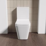 Vas WC La Perete cu Rezervor Duero si Capac Soft-Close – ambient baie, vas wc alb pe pardoseala lemn, perete faianta bej