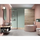 Faianta Abk Phard 60x120 cm – ambient baie, baie moderna roz cu cada rotunda si dus sticla, pe pardoseala si perete