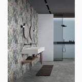Faianta Abk Sky 60x120 cm – ambient baie, baie moderna cu tapet tropical, oglinzi rotunde, dus sticla, pe perete