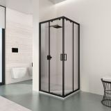 Cabina Dus de Colt Nait 90x90 cm – ambient baie, baie moderna cu cabina de dus colt negru mat, pe pardoseala