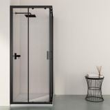 Cabina Dus de Colt Nait 90x90 cm – ambient baie, cabina de dus neagra cu pardoseala gresie si cadita alba, pe pardoseala si perete
