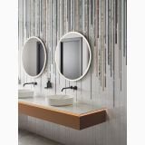 Lastra Gresie ABK Sensi Fantasy Sticks 120x280 cm Lucios 3D – ambient baie, baie moderna cu oglinzi rotunde si blat portocaliu, pe perete