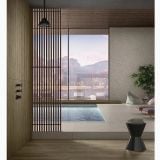 Placa gresie imitatie lemn Decor Delconca Nabi Brown 20x120 cm – ambient piscina, piscina interioara cu pardoseala lemn si perete zabrele