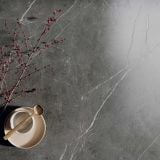 Gresie Stone Grey Lucios 120x120 cm – detaliu, detaliu textura marmorata cu crenguta rosie si ceasca