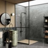 Lastra Gresie Stone Grey Mat 120x280 cm – ambient baie, baie moderna cu dus walk-in si lavoar verde, pe pardoseala si perete