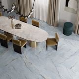 Gresie ABK Nuance Deep River lucios 3D 60x120 cm – ambient living, sufragarie eleganta cu masa marmura si pardoseala gresie lucioasa