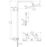 Coloana Dus cu Termostat Negru Mat cu Para Dus Stick Ideal Standard Ceratherm T25 – schita tehnica, desen tehnic cu dimensiuni coloana dus termostat