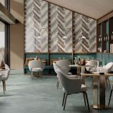 Gresie ABK Nuance Sea Green mat 120x120 cm – ambient comercial, restaurant elegant cu pardoseala verde gresie mata