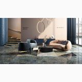 Gresie Abk Labradorite Lucios 120x280 cm – ambient living, lobby elegant cu scara, canapea moderna si pardoseala marmorata