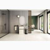 Gresie Gigacer Genesis Vein Frozen Mat 59.5x119 cm – ambient baie, baie moderna deschisa spre dormitor cu perete gresie