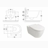 Vas WC Suspendat Rimless Emma Rounded Gala + Capac Slim Finisaj Alb Lucios – schita tehnica, desen tehnic cu dimensiuni si vedere 3d vas wc