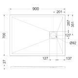 Cadita Dus Compozit Roca Crem 70x90 cm – schita tehnica, desen tehnic cu dimensiuni cadita dus si scurgere