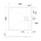 Cadita Dus Compozit Roca Alb 90x90 cm – schita tehnica, desen tehnic cu dimensiuni cadita dus patrata