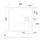 Cadita Dus Compozit Forma Alb 90x90 cm – schita tehnica, desen tehnic cu dimensiuni cadita dus patrata