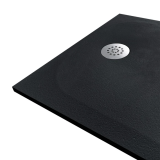 Cadita Dus Compozit Tonda Negru 70x90 cm – detaliu, colt cadita neagra cu sifon crom detaliat