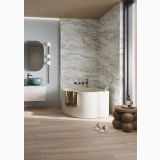 Lastra Gresie ABK Nuance Quarzite Fusion Soft mat satinat 120x280 cm – ambient baie, baie moderna cu cada rotunda si perete marmurat