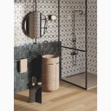 Gresie Decor ABK Sensi Fantasy Flower 60x120 cm Lucios 3D – ambient baie, baie moderna cu cabina dus, lavoar rotund si oglinda, pe perete