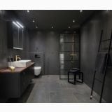 Gresie Metaline Iron Mat 60x120 cm – ambient baie, baie moderna in tonuri negre cu dus si mobilier, pe pardoseala