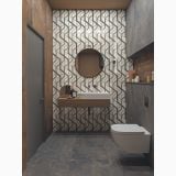 Gresie Decor ABK Sensi Fantasy Spider 60x120cm Lucios 3D – ambient baie, baie moderna cu perete decorativ geometric si oglinda rotunda