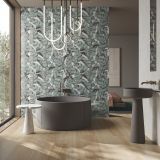 Lastra Gresie ABK Sensi Fantasy Bali 120x280 cm Lucios 3D – ambient dormitor, baie deschisa cu cada rotunda si perete cu frunze