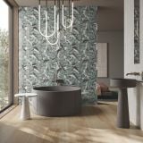 Gresie Decor ABK Sensi Fantasy Bali 60x120 cm Lucios 3D – ambient dormitor, cada rotunda cu perete decor foliaj verde deschis