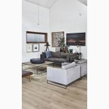 Parchet SPC Kahrs DOVECOT CLICK XXL 220 x 1829 x 6 mm – ambient living, living modern cu canapea gri si covor decorativ, pe pardoseala